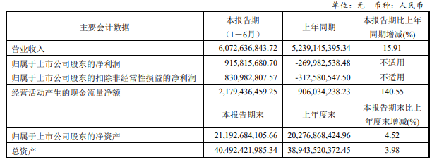 彩虹股份上半年净利润9.16亿元，同比扭亏为盈